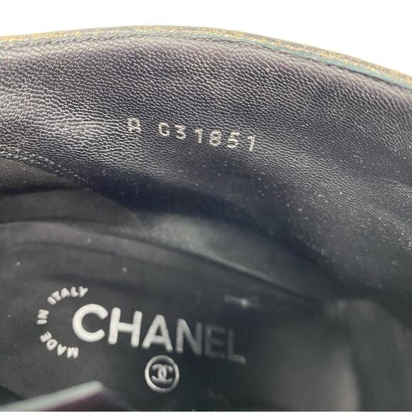 CHANEL GOLD BLACK OPEN TOE SHORT WEDGE BOOTIES SIZE 38.5 / US 7.5 - Picture 7 of 15